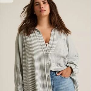 Torrid Festi Blue and White Stripe Button Up Tunic Cotton Shirt 1X Lagenlook